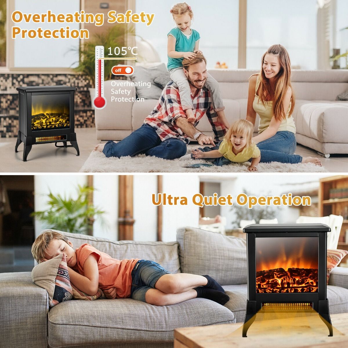 2000W Electric Freestanding Fireplace Stove Heater with Adjustable Thermostat